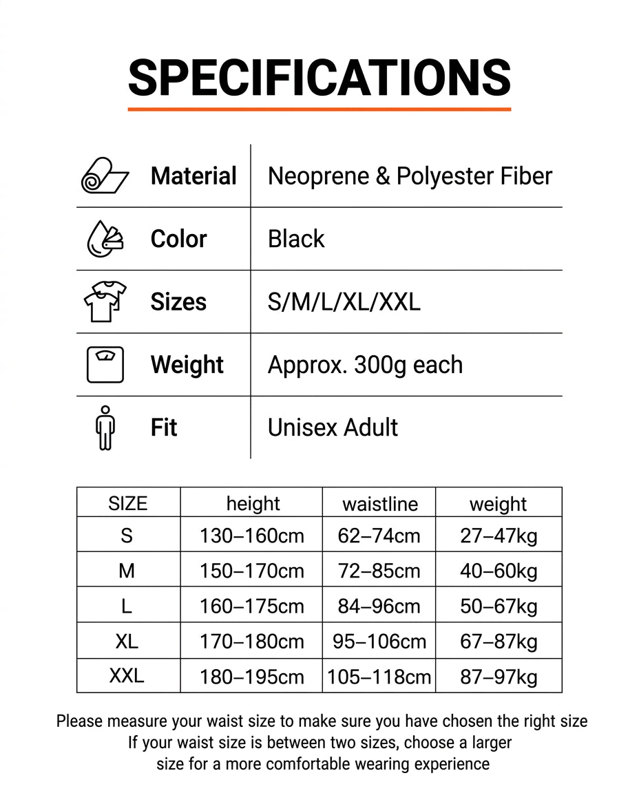 Specifications chart for the posture brace with material, sizes and fit