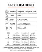 Specifications chart for the posture brace with material, sizes and fit