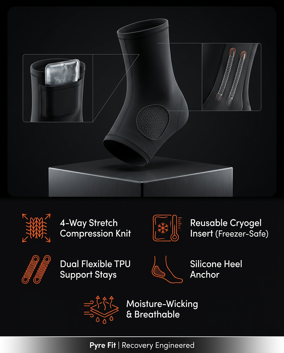 Ankle sleeve tech specs: stretch knit, cryogel insert, TPU stays, heel anchor