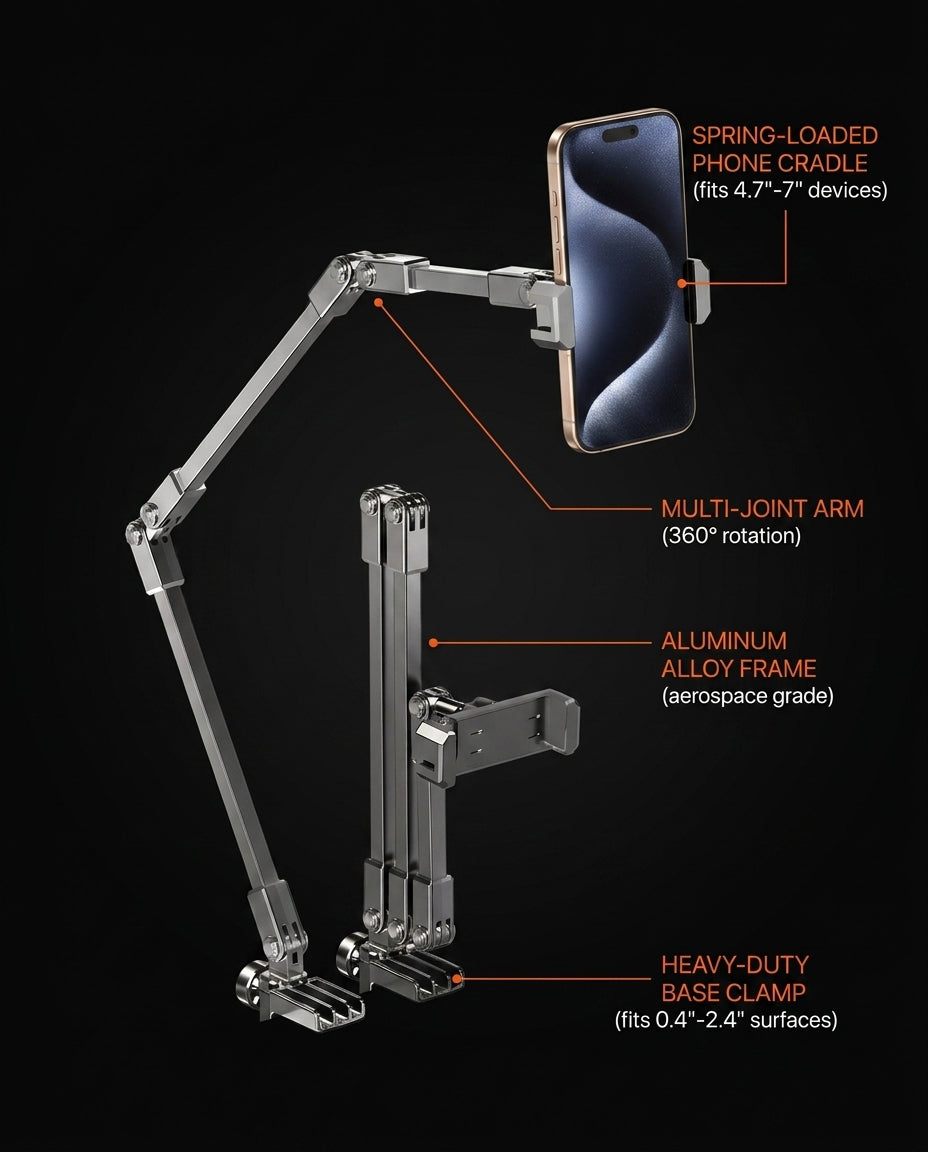 Tech specs infographic of the bedside phone arm with labeled features