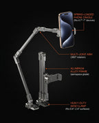 Tech specs infographic of the bedside phone arm with labeled features