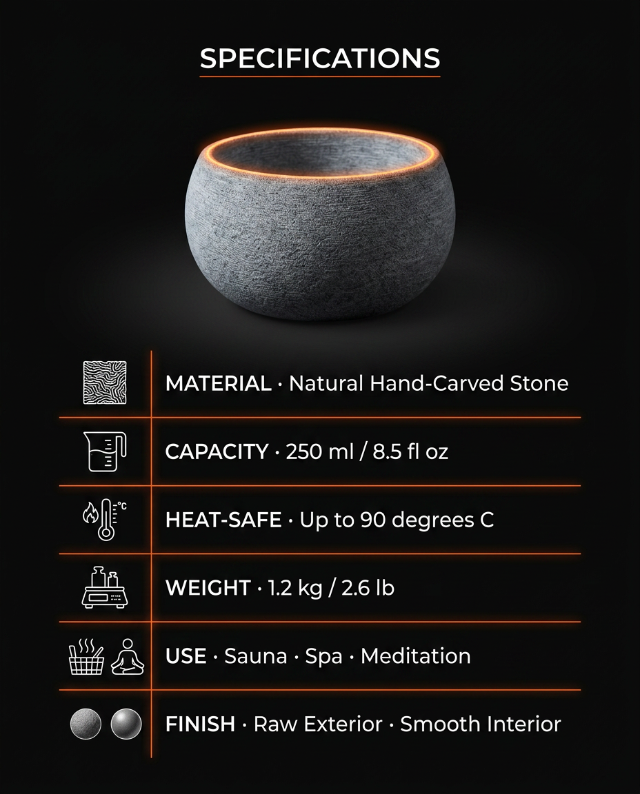 Specifications sheet for the hand-carved stone sauna aroma bowl
