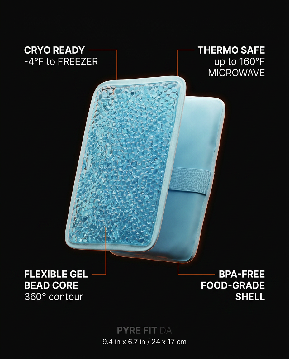 Gel pack specs infographic with cryo, microwave-safe and dimension callouts