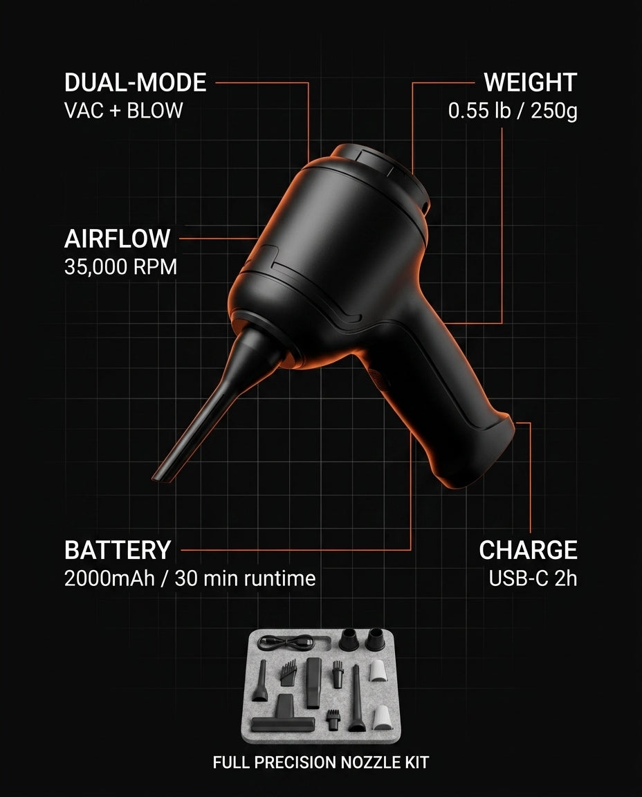Spec sheet listing the cleaning tool's airflow, battery, weight and charge time