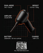 Spec sheet listing the cleaning tool's airflow, battery, weight and charge time