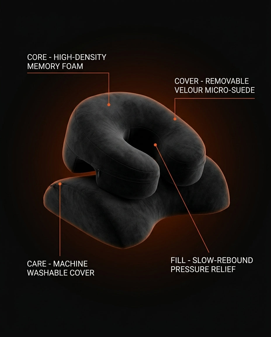 Feature infographic of the black face-down pillow with memory foam and washable cover