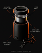 Spec graphic showing the wax warmer's capacity, power and heat range