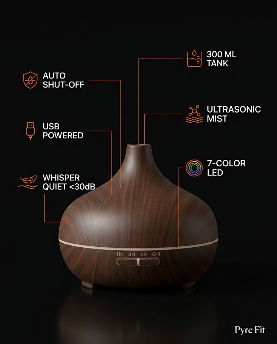Tech specs infographic of the diffuser tank, ultrasonic mist and 7-color LED
