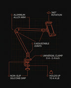 Blueprint spec of the tablet stand's aluminum arm, joints, clamp and rotation