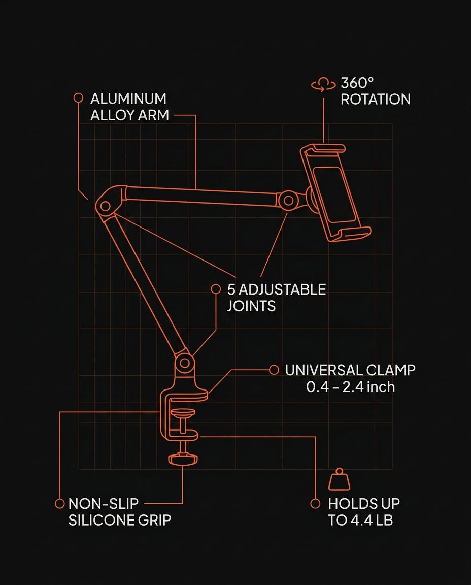 Blueprint spec of the tablet stand's aluminum arm, joints, clamp and rotation