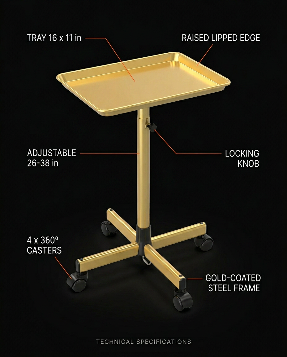 Spec sheet labeling the tray size, adjustable height, casters and steel frame