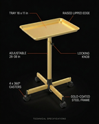 Spec sheet labeling the tray size, adjustable height, casters and steel frame
