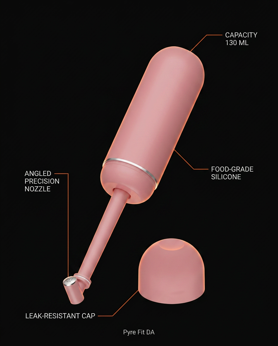 Spec sheet showing 130ml capacity, food-grade silicone and angled nozzle