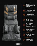 Tech specs for the massage mat: 10 air zones, heat levels, four programs