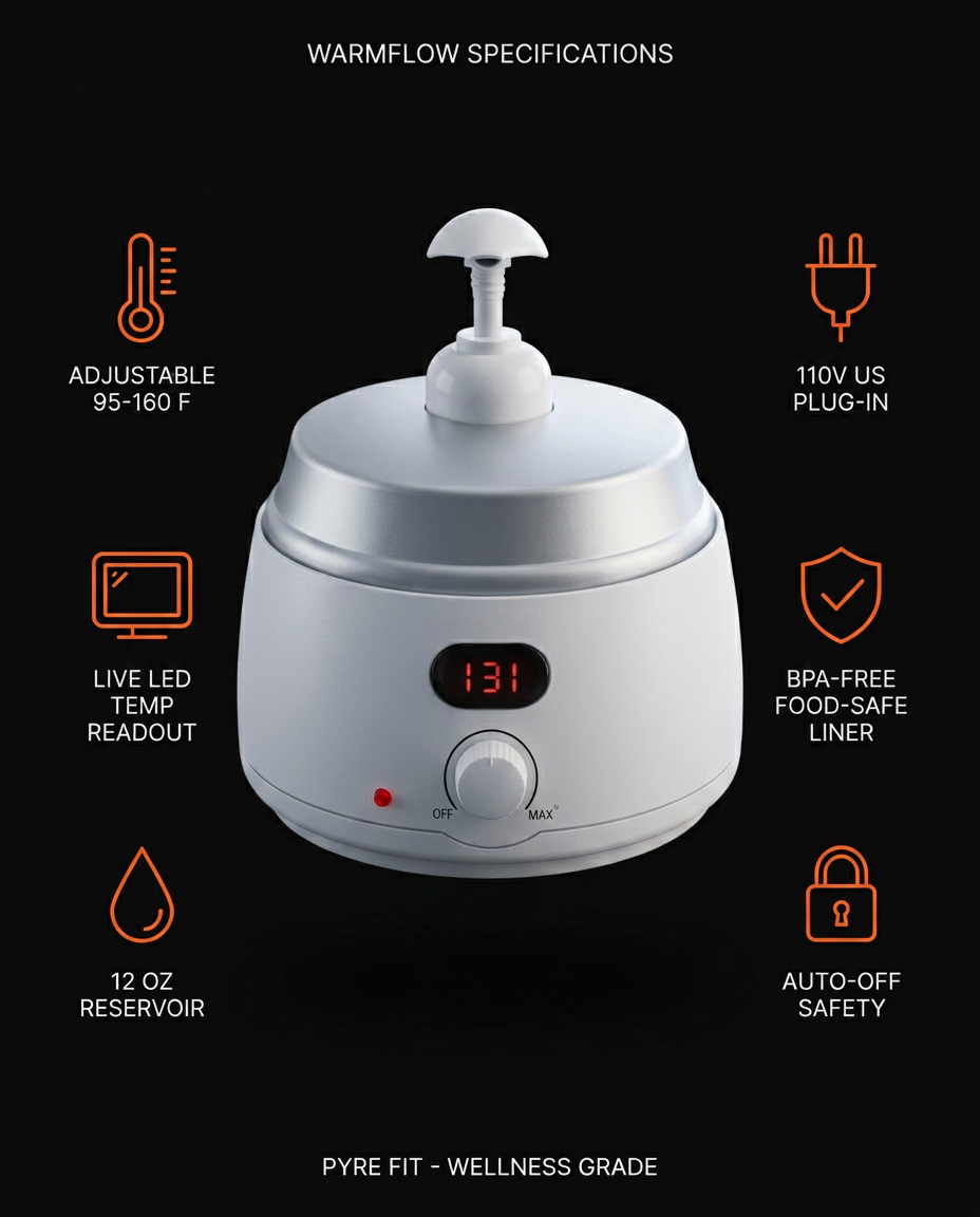 Spec sheet listing temperature range, capacity and safety of the oil warmer