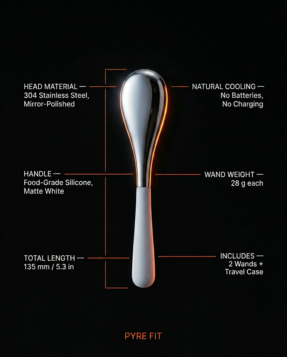 Spec infographic labeling 304 steel head, silicone handle, 135mm length, 28g eye tool