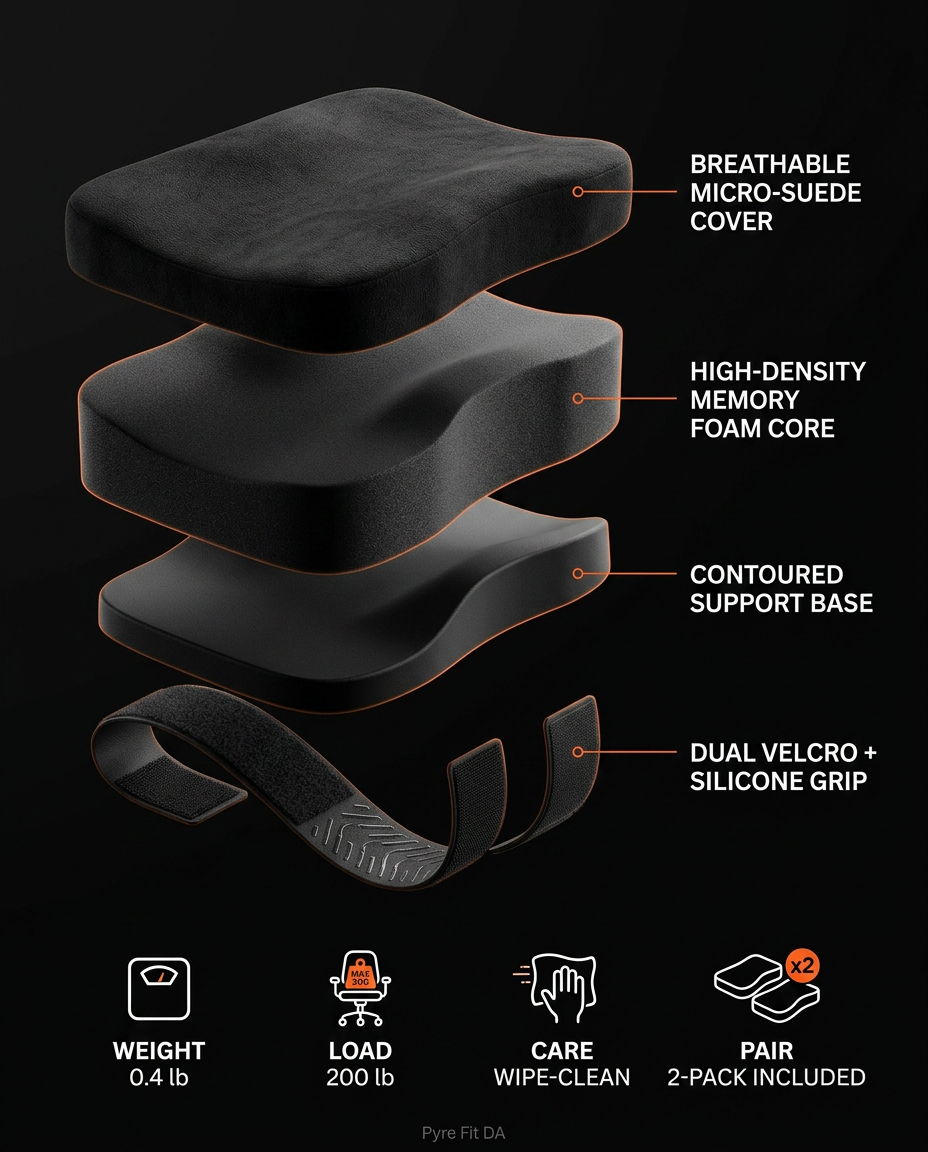 Exploded specs: micro-suede cover, memory foam core, velcro grip pad