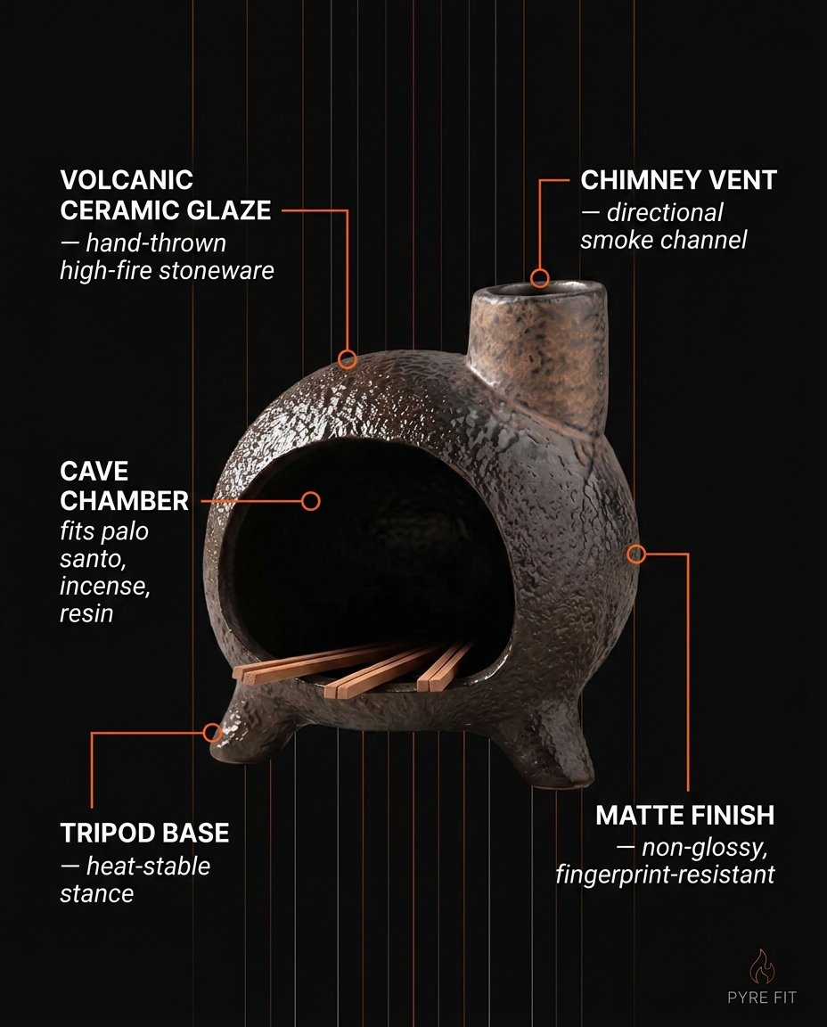 Spec callouts on the burner's volcanic glaze, chimney vent and cave chamber