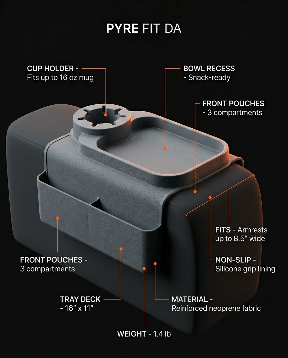 Tech specs infographic of the organizer tray with labeled pockets and dimensions