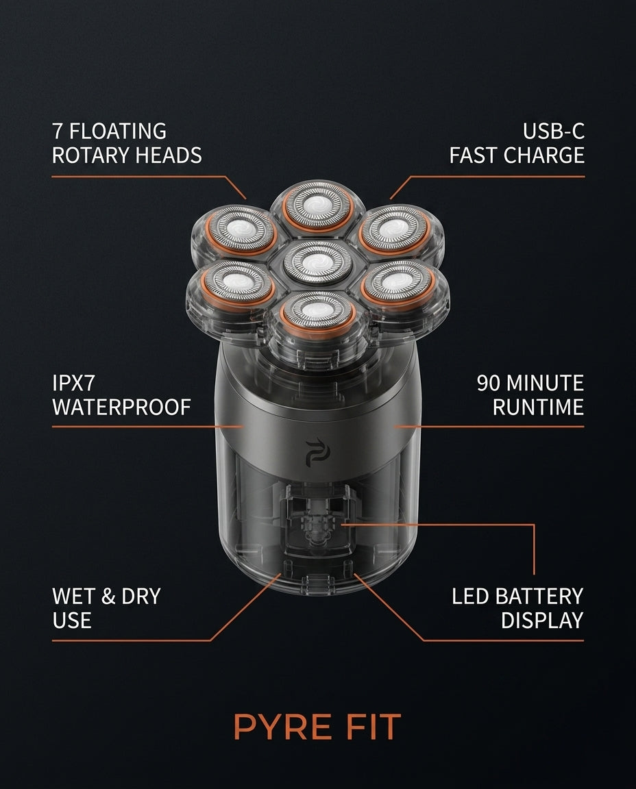 Tech specs infographic for the 7D head shaver with waterproof and runtime details