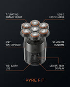Tech specs infographic for the 7D head shaver with waterproof and runtime details