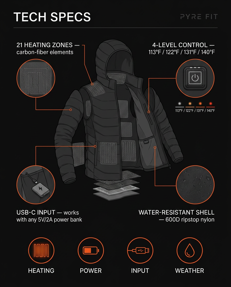 Tech specs infographic with heating zones, USB-C power and ripstop shell