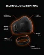 Technical specs of the heated mask: neoprene, modes, 5V USB power and cable