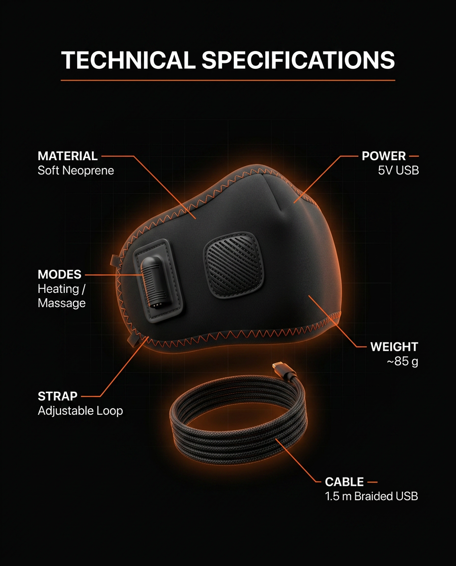 Technical specs of the heated mask: neoprene, modes, 5V USB power and cable