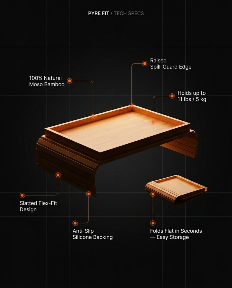 Tech specs for the foldable bamboo arm tray: flex-fit slats, spill guard