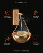 Tech specs infographic for sauna oil bowl, food-grade 304 stainless features
