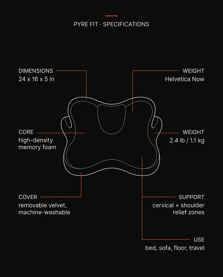 Spec infographic listing dimensions, memory foam core, washable velvet cover and weight