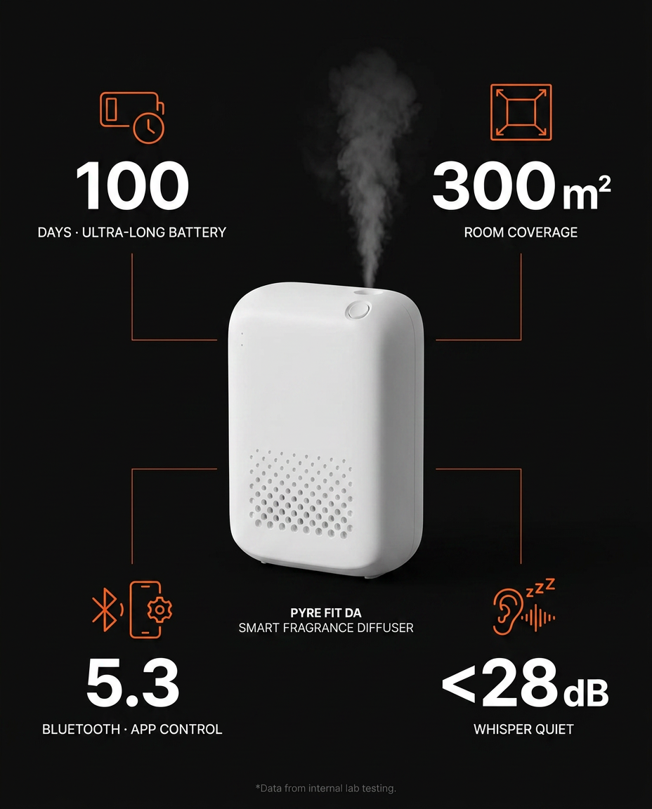 Spec graphic showing the diffuser's battery life, room coverage and quiet level