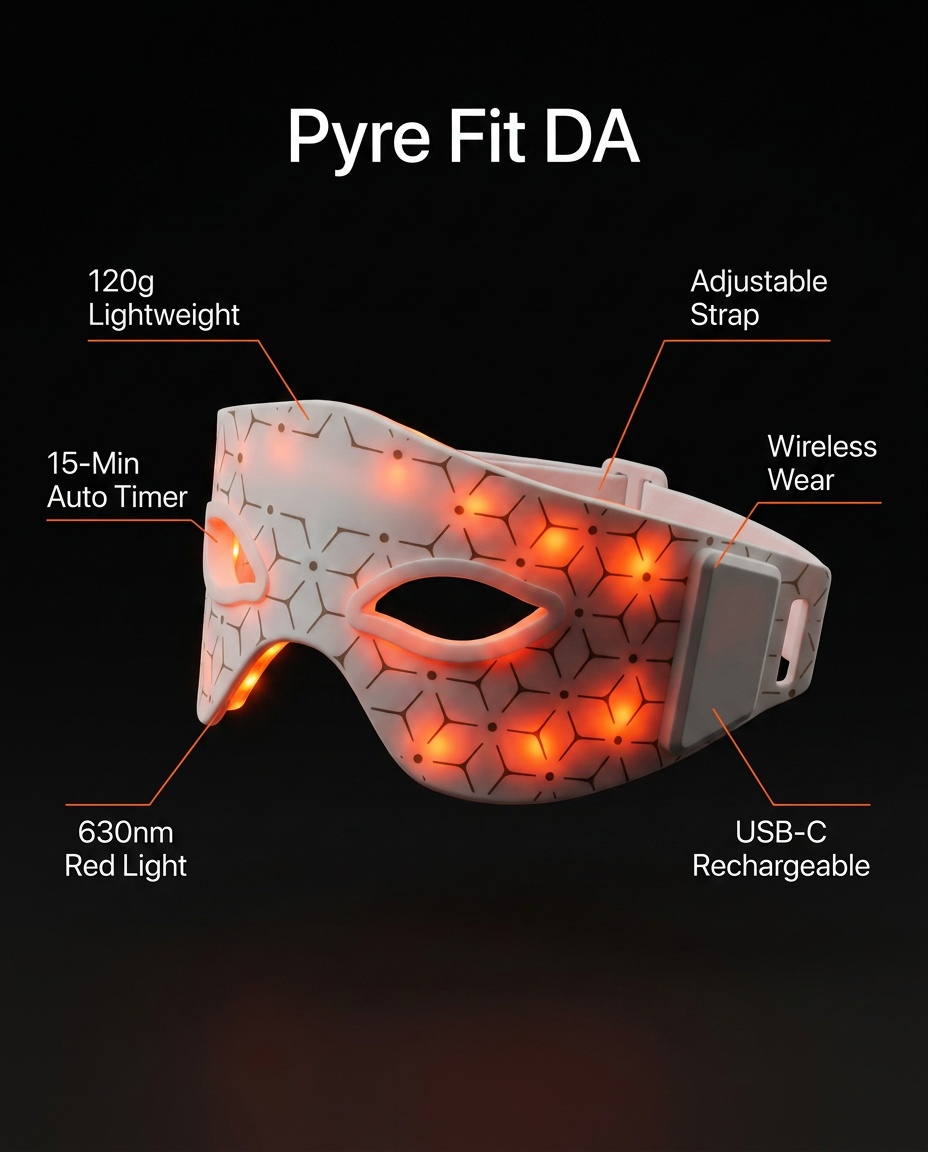 LED eye mask infographic noting red light light, auto timer and USB-C charging