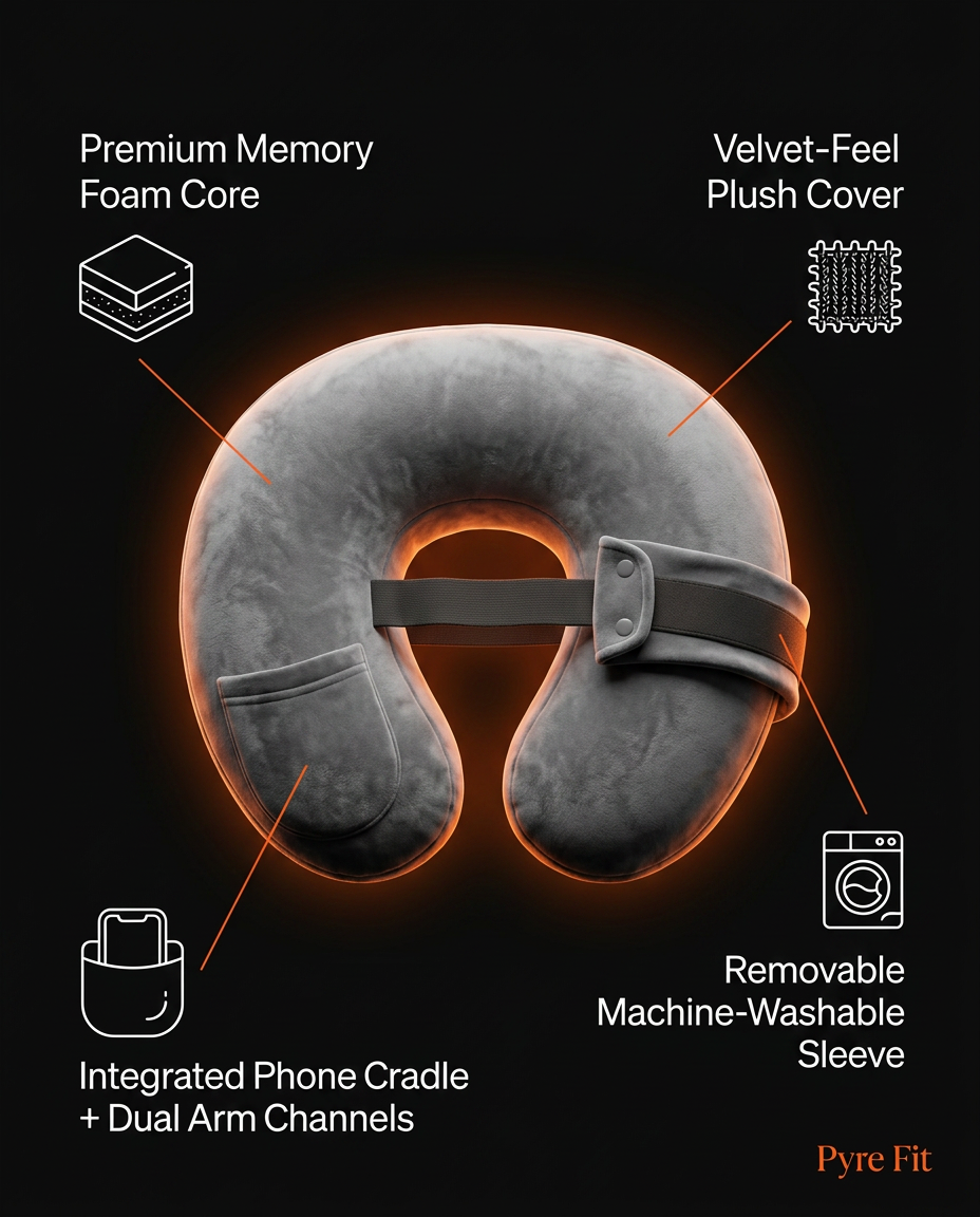 Feature infographic showing memory foam core and phone cradle of the comfort pillow
