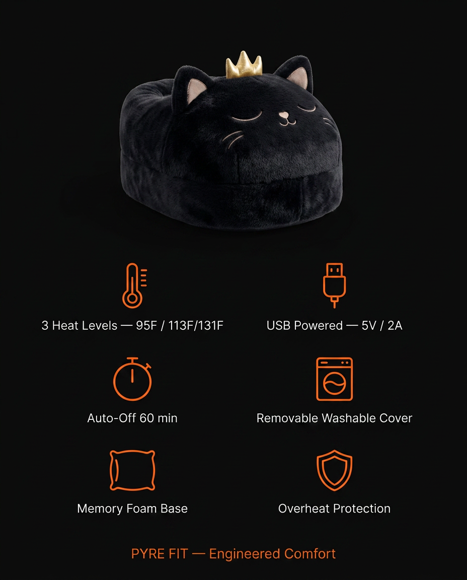 Tech specs infographic showing 3 heat levels, USB power and washable cover