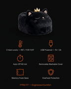 Tech specs infographic showing 3 heat levels, USB power and washable cover