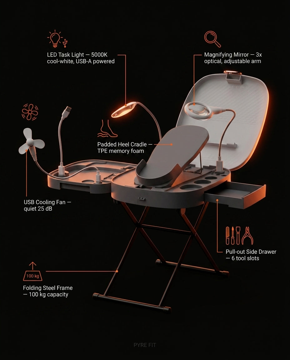 Tech specs infographic of the foot care station with labeled features