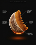 Spec callouts for the facial comb: hardwood handle, soft bristles, scalloped edge