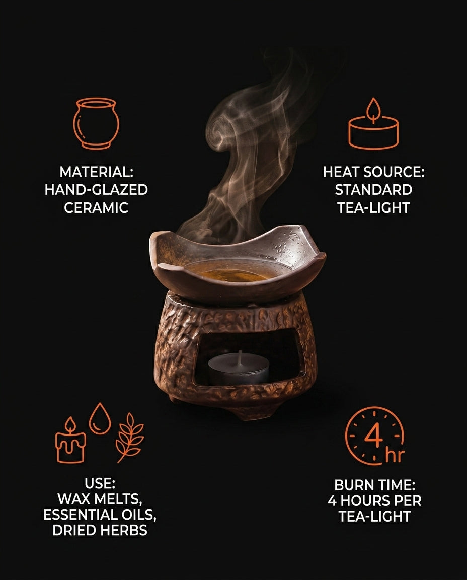 Spec graphic for the hand-glazed ceramic burner and four-hour tealight