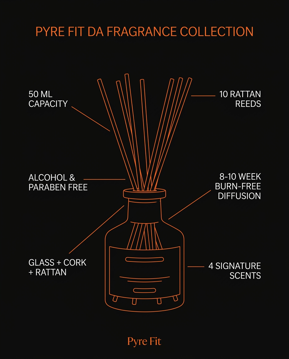 Specs of the reed diffuser: 50ml, 10 rattan reeds, 8-10 week diffusion, 4 scents