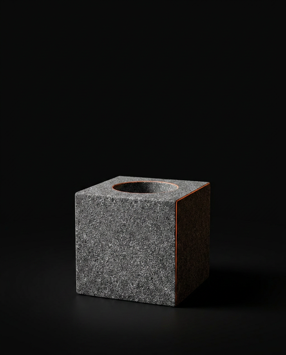 Three-quarter view of the dark granite oil holder cube on black