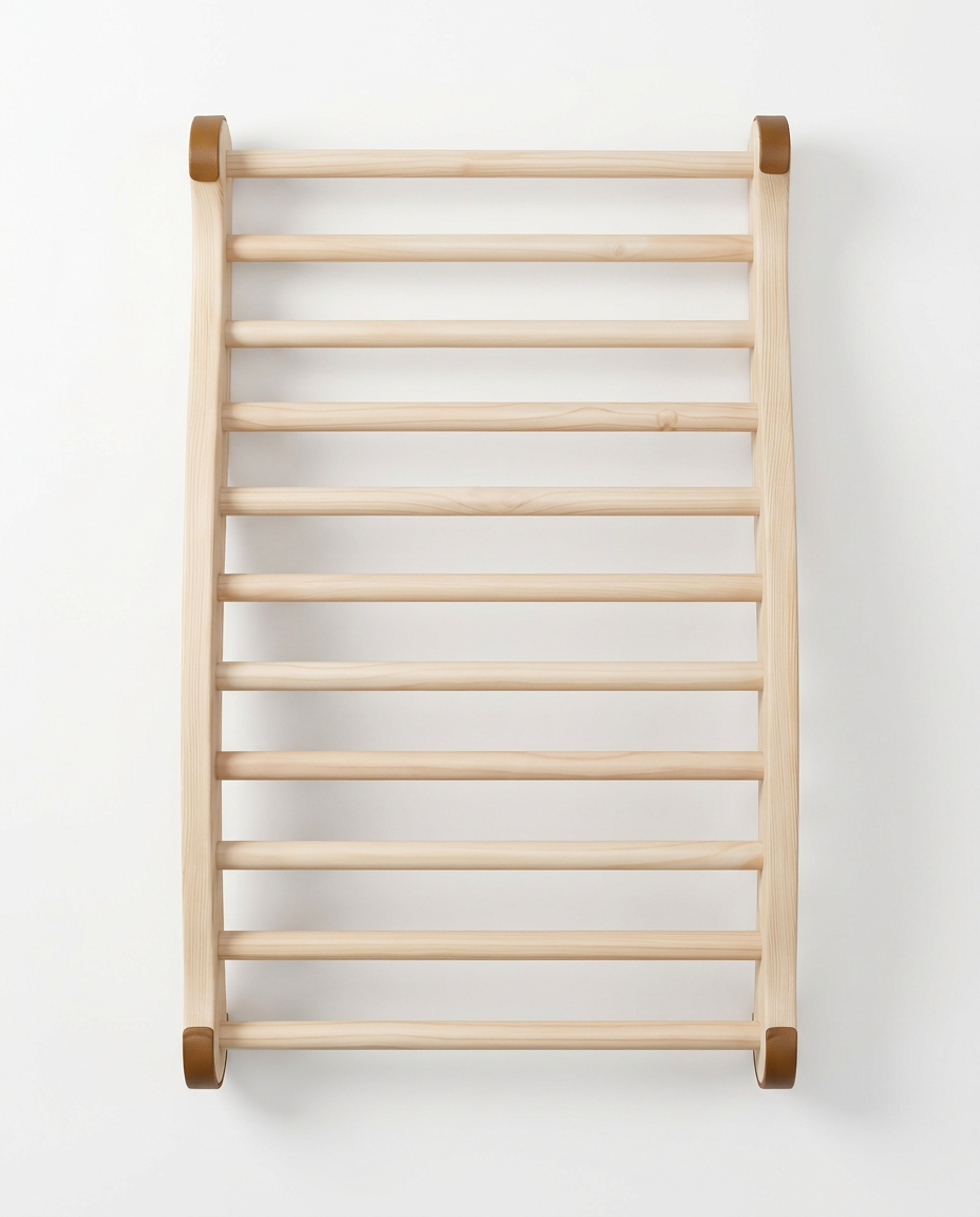 Top-down flat view of the wooden sauna backrest showing all dowel rungs