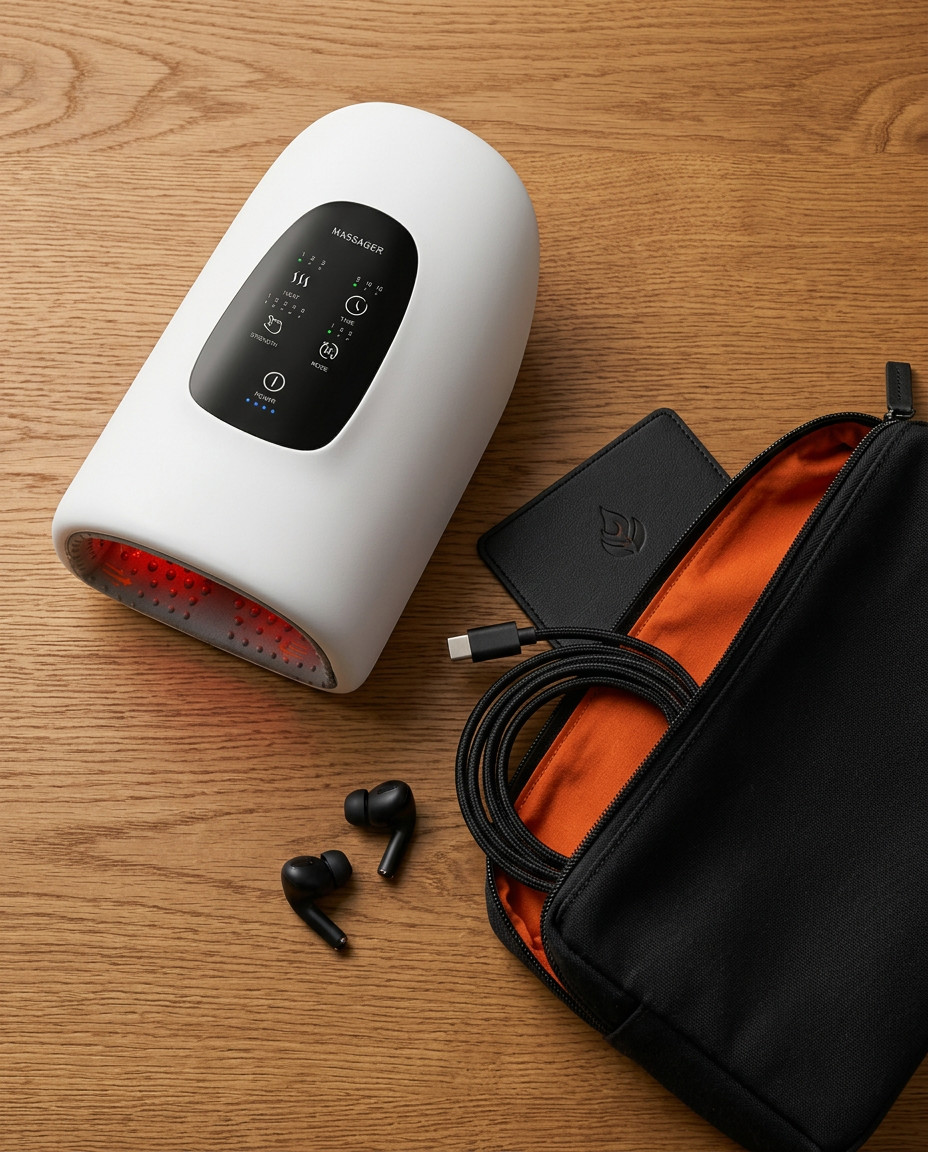 Hand massager with travel pouch, charger and earbuds on a wooden surface