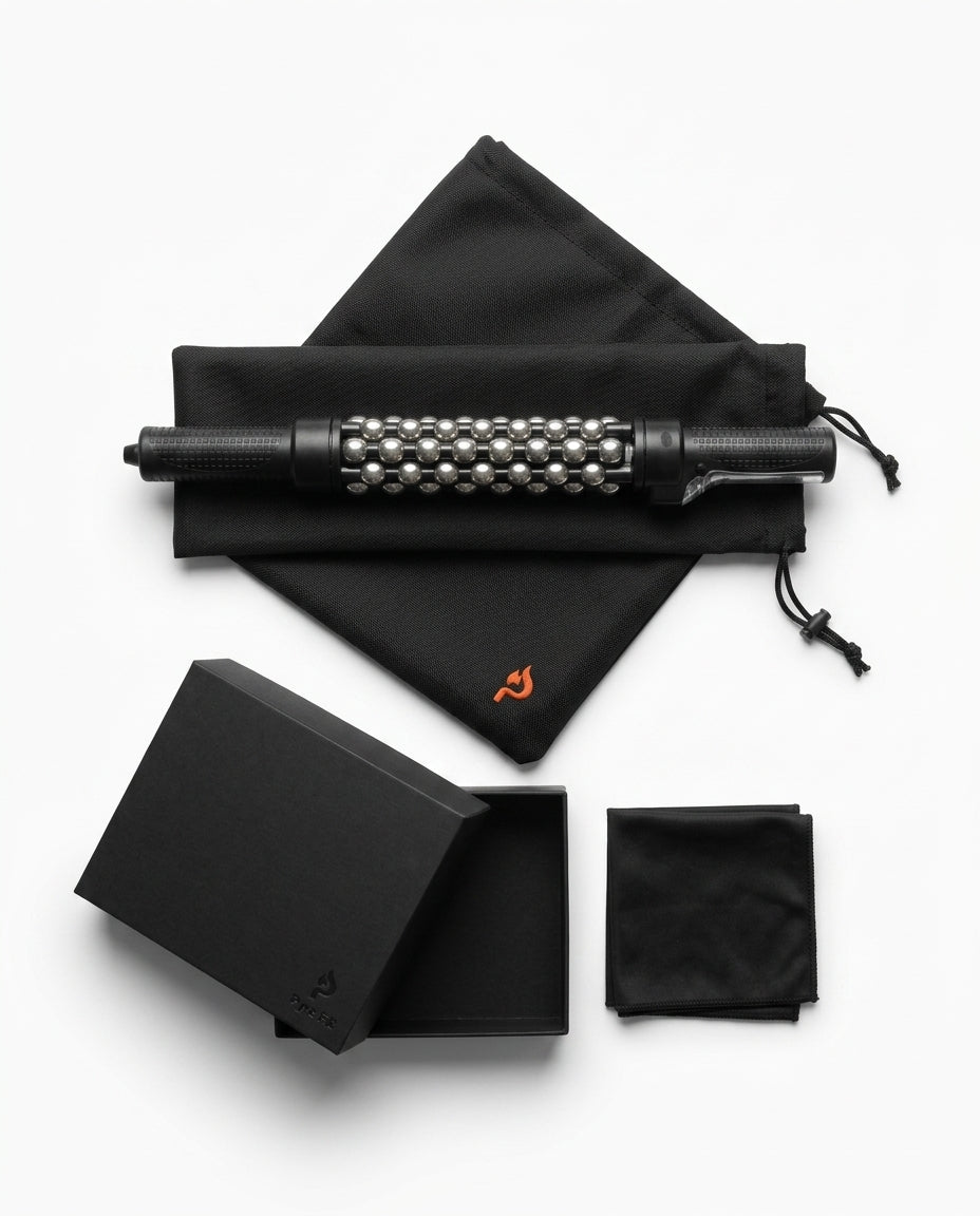 Muscle roller stick with black drawstring carry bag and gift box, flat lay