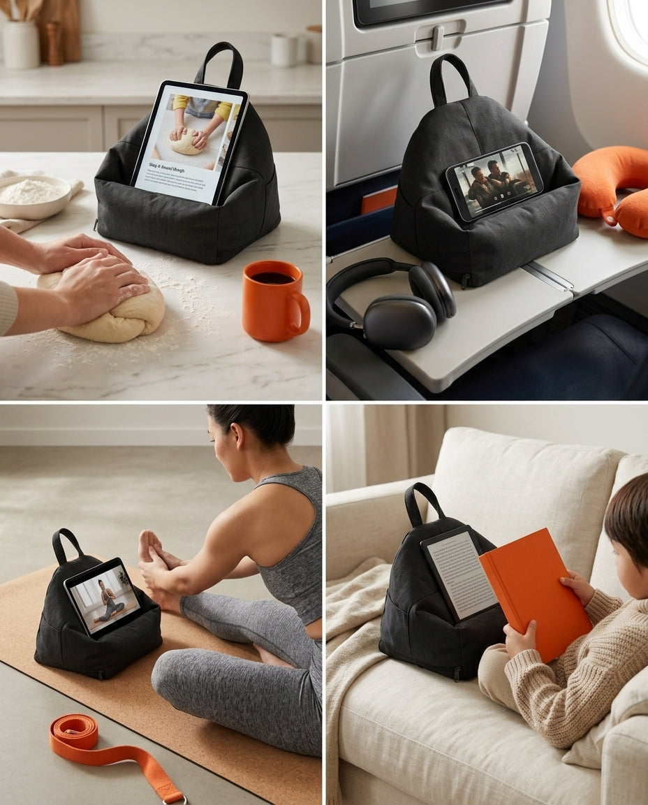 Use-case grid showing the tablet pillow in kitchen, plane, yoga and couch scenes