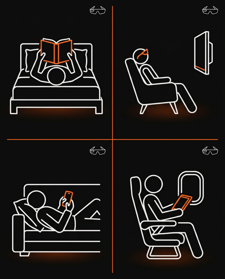 Use-case grid showing bed, recliner, couch and travel reading with prism glasses