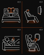 Use-case grid showing bed, recliner, couch and travel reading with prism glasses