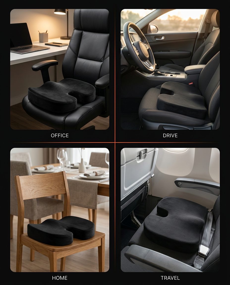 Use case grid showing the seat cushion in office, car, home and travel