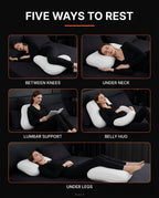 Five ways to rest grid: knees, neck, lumbar, belly hug and legs