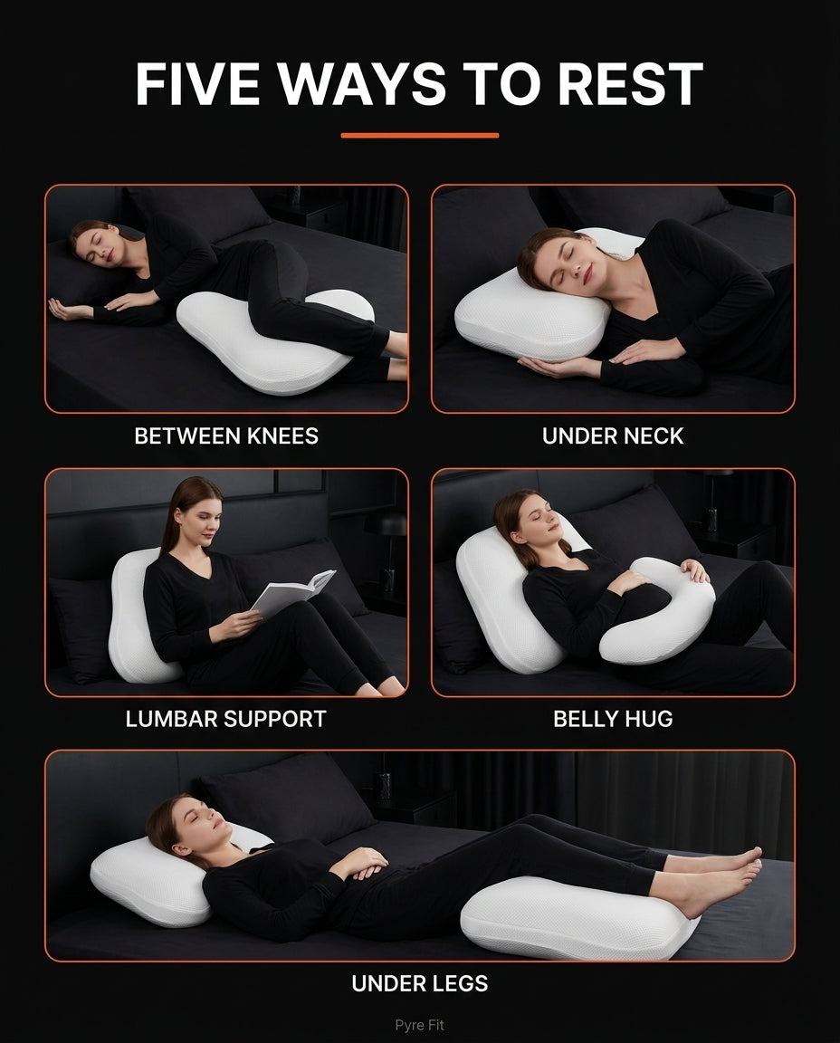 Five ways to rest grid: knees, neck, lumbar, belly hug and legs